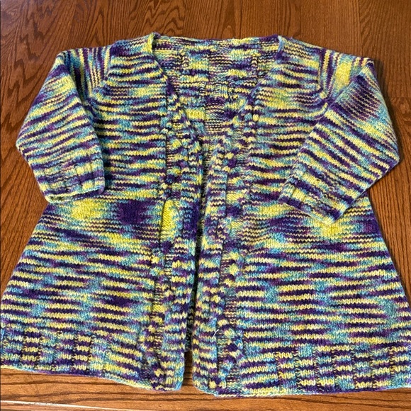 Multicolor HAND KNIT open front chunky cardigan 3/4 sleeve grandma vibe Med - Picture 10 of 10